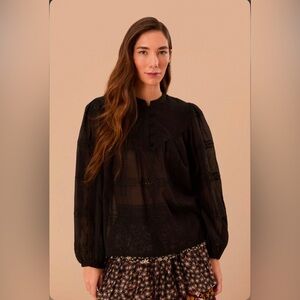 Farm Rio Black Scallops Long Sleeve Blouse